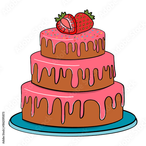 Cute Pink Strawberry Cake Illustration, Sweet Dessert for Birthday and Celebration