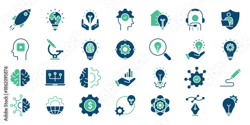 Innovation flat icons collection. Creative innovation and business strategy icon. Idea, creativity, invention, prototype, education, revolution, startup, strategy, progress, advancement.