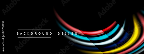 Abstract colorful lines over black background. Modern design elements create dynamic visual effect. Simple text labels present bottom corner.