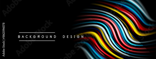Abstract colorful waves over black backdrop. Modern design elements create dynamic visual impact. Simple text labels bottom corners.