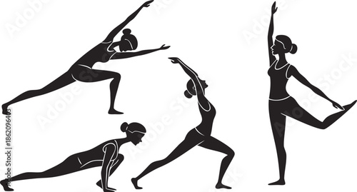 Yoga Poses Woman Silhouette, Set Isolated Over White Background.

Yoga Woman in Meditation Sitting in Lotus Pose Female Meditating.
 vector illustration set of female yoga poses in silhouette style.