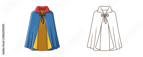 Elegant royal cape in cartoon and outline styles with blue exterior and yellow lining for costume parties or theater performance on a plain white background