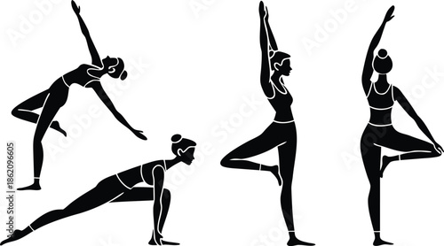 Yoga Poses Woman Silhouette, Set Isolated Over White Background.

Yoga Woman in Meditation Sitting in Lotus Pose Female Meditating.
 vector illustration set of female yoga poses in silhouette style.