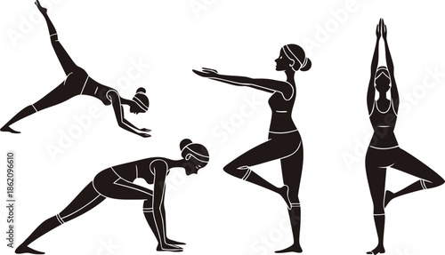 Yoga Poses Woman Silhouette, Set Isolated Over White Background.

Yoga Woman in Meditation Sitting in Lotus Pose Female Meditating.
 vector illustration set of female yoga poses in silhouette style.