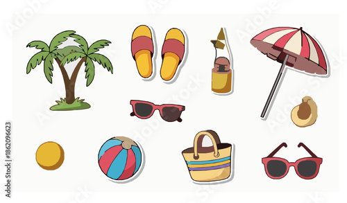 Cute hand drawn tropical beach vacation sticker badge vector collection
