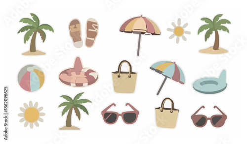 Minimal hand drawn summer beach sticker vector set with vacation icons
