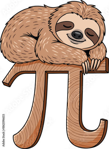 Cute Sloth Holding Pi Symbol Vector - Funny Math Pun and Science Humor Illustration.