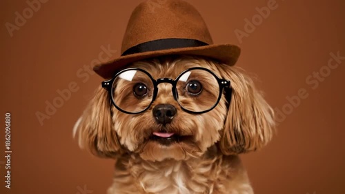 Dog wearing hat and glasses on a brown background