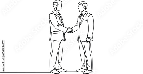 Minimal line art illustration of two businessmen shaking hands representing partnership, agreement, trust, teamwork, cooperation, negotiation, and professional corporate success