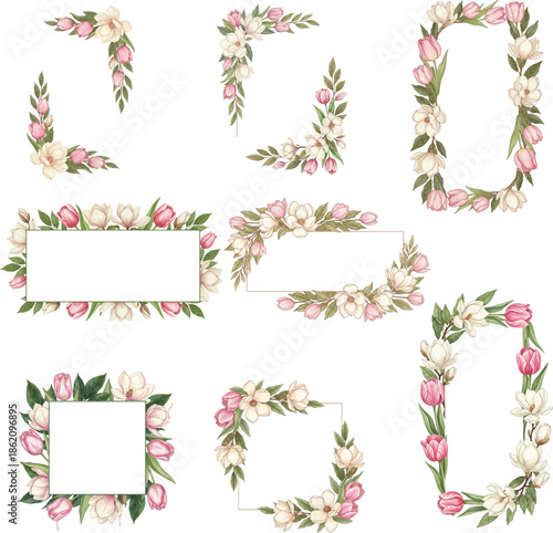 Tulip, Magnolia, and Bay laurel, Elegant Watercolor Florals Frame 