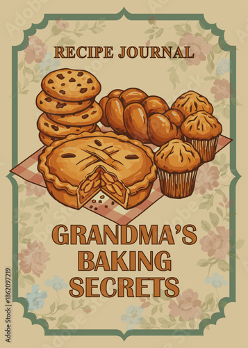 Hand-drawn baking journal cover design, antique paper texture.