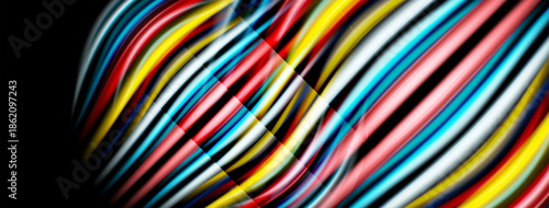 Colorful lines create dynamic wave pattern. Bright hues blend, forming abstract design. Smooth curves suggest movement, energy.