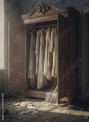 Old wardrobe with dresses hanging in an abandoned house
