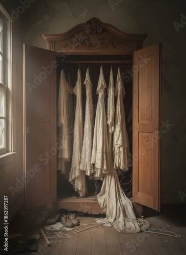 Old wardrobe with dresses hanging in an abandoned house