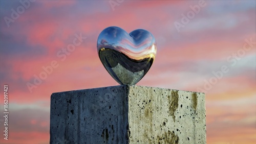 A reflective heart sculpture on a stone pedestal against a vibrant sunset sky