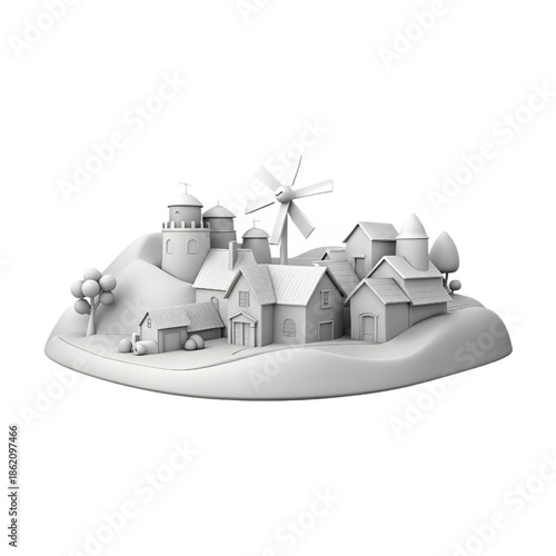 3D Village Scene Featuring Windmill, Barn, Silo, Trees, Hills, and Monochrome Rural Architecture Design