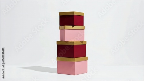 Stack of luxury gift boxes in varying shades of pink and red on a white background