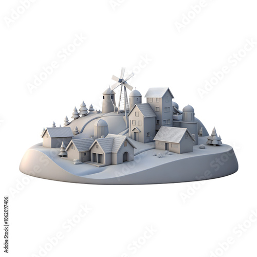 3D Rural Village Model Featuring Windmill, Silos, Trees, Hills, Barns, and Monochrome Architectural Landscape