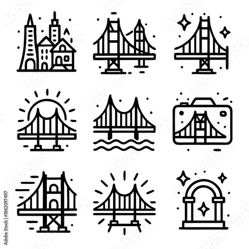 Golden gate bridge icons feature line art of iconic bridges and buildings, perfect for architectural graphics and urban design projects.