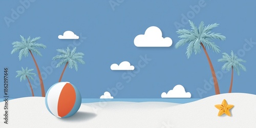 A bright and cheerful beach summer background illustration with a colorful beach ball, a striped umbrella, a lounge chair, and a palm tree, set by the turquoise ocean.