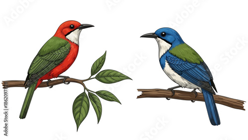 Vibrant Avians on a Branch: Two strikingly colored birds, one crimson and the other azure, perch on separate branches.