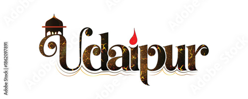 Udaipur City in Rajasthan Text Typography Vector with Chittorgarh Fort Icon Royal Rajasthan India
