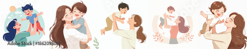 Vector Illustration of a Happy Mother Lifting a Child