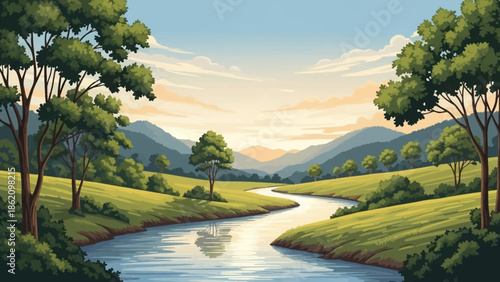Serene River Flow: A picturesque river meanders through a valley, embraced by lush green hills, trees and under a soft sky.