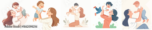 Vector Illustration of a Happy Mother Lifting a Child