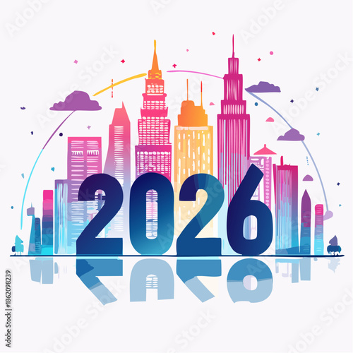 Vibrant cityscape with 2026 text overlay in modern design