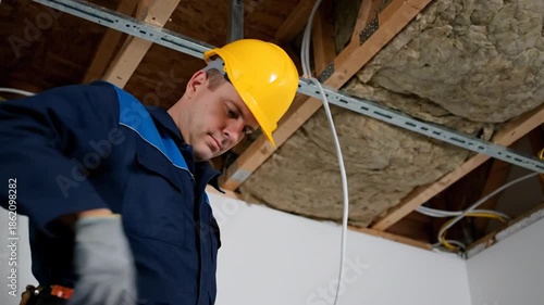 Electrician installing wiring inside a building