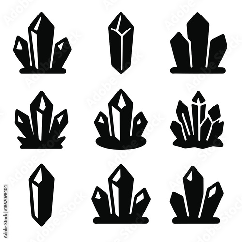 Silhouette of geometric crystal icons in grid pattern with soft shadows