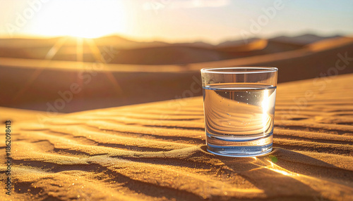 glass of water on sandy desert background
