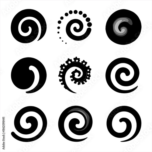 Set of nine intricate black spiral patterns on soft gray background