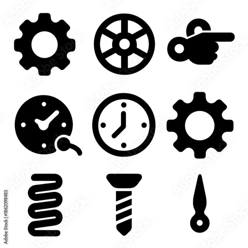 Silhouette icons featuring gear, clock, and tools on black background