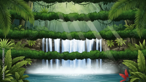 Hidden Falls: Lush, vibrant illustration of a waterfall cascading into a clear pool, surrounded by dense jungle vegetation. Rays of sunlight pierce through the canopy, adding to the allure.