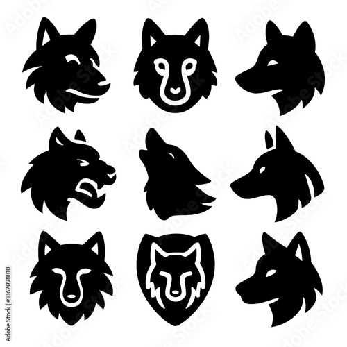 Minimalist silhouette wolf icons on grayscale background