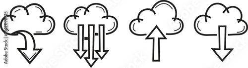 Four cloud icons with arrows isolated on white background