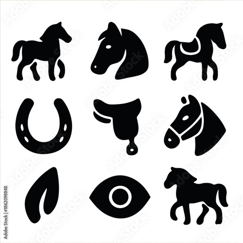 Equestrian icons set: horses, saddles, and hooves on gradient background