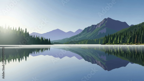 Serene Mountain Lake: A picturesque landscape showcasing a tranquil lake reflecting the majestic mountain range and evergreen forest under a clear sky. A perfect escape.