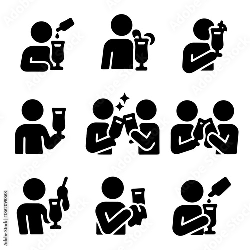 Icon set of people enjoying drinks and cocktails in various social scenarios