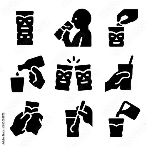 Tiki cup icons: drinking, pouring, and mixing silhouettes