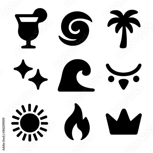 Tropical icons: drink, wave, palm tree, sun, and crown silhouettes