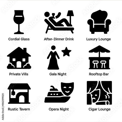 Luxurious relaxation icons: lounge, bar, and entertainment vector set