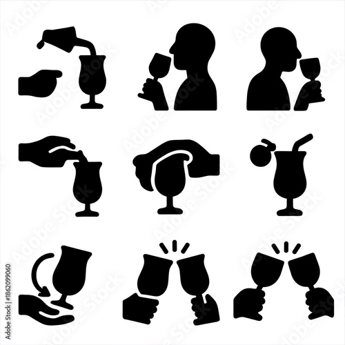 Silhouette drinking icons: beverage, cheers, cocktail, interaction, celebration