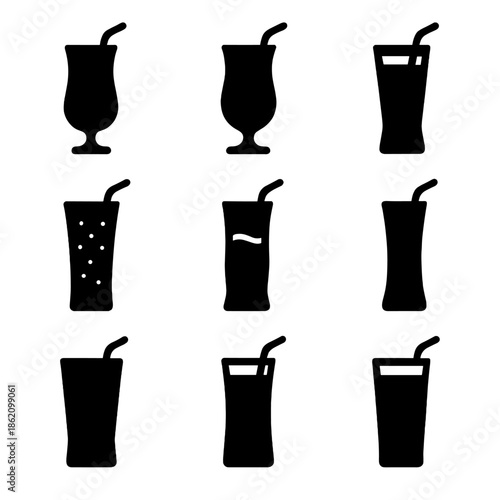 Silhouette set of nine drink glasses with straws on gradient background