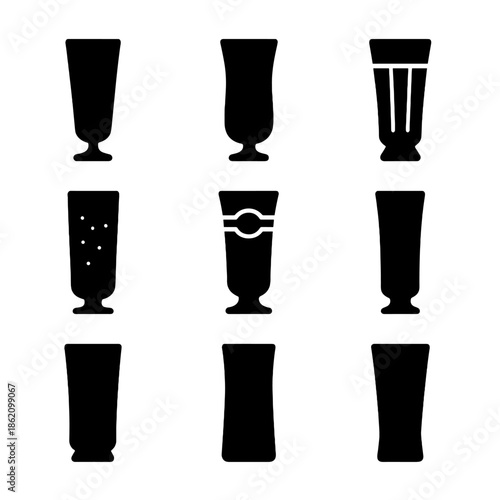 Silhouette collection of nine diverse beer glasses in grid pattern
