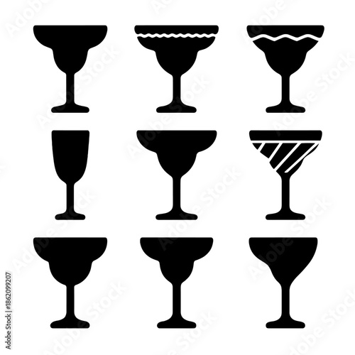 Set of nine black silhouette glasses on gray background for elegant beverage themes