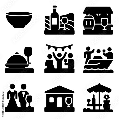 Black silhouette icons depicting wine, dining, events, and leisure activities