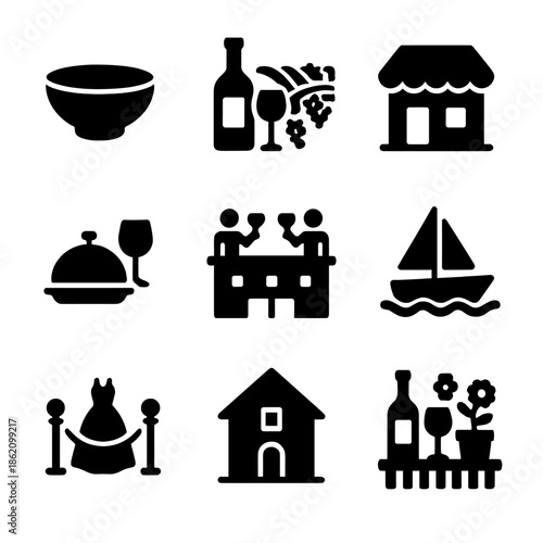 Gastronomy and leisure icons set featuring food, wine, and travel symbols
